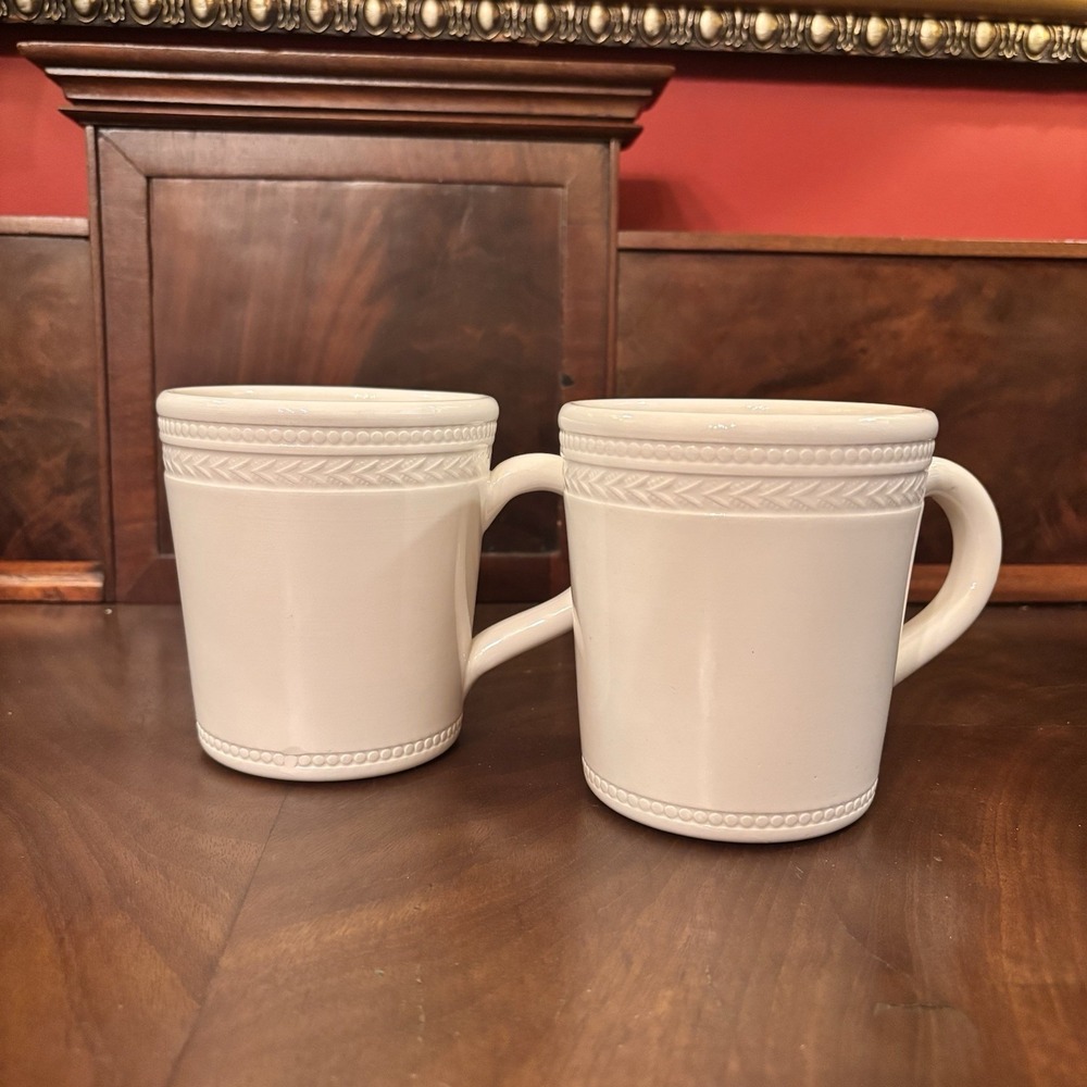 Williams Sonoma Made in Italy White Embossed Coffee Mugs Set of 2 Ceramic